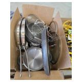 Box lot assorted pots pans