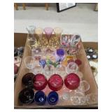 Box lot decorative and colored stemmed glasses
