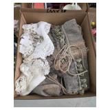 Box lot assorted doilies, curtains, curtain tie