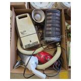 Box lot assorted vacuums, heater, clamp light