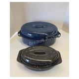 Two vintage blue and black granite roasting pans
