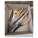 Box lot assorted lawn and garden- bow saws, hand