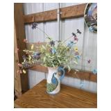 Decorative peacock pitcher vase with faux flowers
