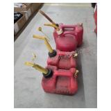 4 vintage plastic gas cans, 2 gallon and 1 gallon