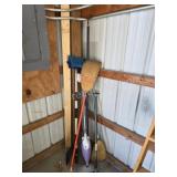 Assorted Shark steam mop, brooms, scrub brush,