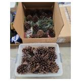 Box lot assorted Christmas garland, Pine cones,