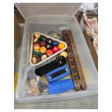 Box lot- storage tote with assorted pool balls