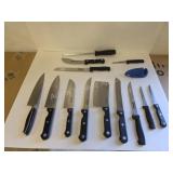 14 assorted kitchen knives, and sharpeners-