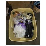 Assorted Halloween decor and Homz 18 gallon