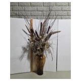 Large vintage striped brown flower vase w/ faux