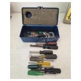 Small 11 inch plastic toolbox with contents and