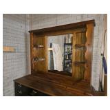Vintage Dark Pine Carved Mirror with Shelves
