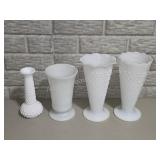 Lot of 4 White Milk Glass Vases Hobnail Ribbed