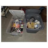 Two Sterilite storage totes with assorted camping