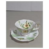 Vintage Yellow Flower Green Panel Teacup Saucer
