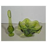 2 pcs vintage green glassware - vase and wavy