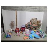 Assorted Easter decor and Sterilite 18 gal storage