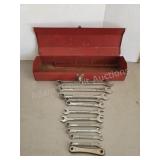Vintage metal tool box with assorted Craftsman