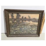 Vintage Antique Framed Pond Water Lilies