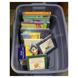 Assorted Books and 10 Gallon Rubbermaid Tote