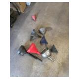 Box lot assorted gas and oil funnels
