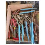 Box lot assorted pliers, channel locks, wire