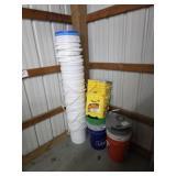 Large assortment 5 gallon buckets and lids and