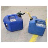 Two plastic 5 gallon fuel cans, kerosene and