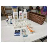 Woven baskets with assorted bathroom supplies -