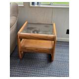 VINTAGE OAK GLASS TOP END TABLE
