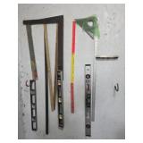 ASSORTED LEVELS, CARPENTERS SQUARE, YARDSTICKS,