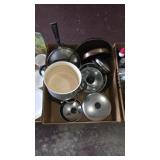 BOX LOT ASSORTED POTS, PANS, ETC