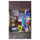 BOX LOT ASSORTED STORAGE CONTAINERS, BAGS, ETC
