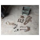 VINTAGE MILK CRATE W/ ASST CHAINS, HOOKS, ETC