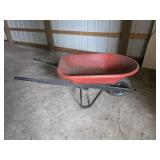 RED PLASTIC WOOD HANDLE WHEELBARROW