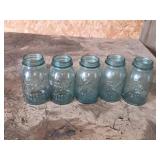 5 VINTAGE BALL BLUE GLASS CANNING JARS