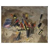 BOX LOT ASSORTED SCREWDRIVERS, CHISELS, ETC