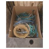 BOX LOT ASSORTED ROPE CATTLE HALTERS, SHOW STICK,
