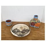 Three pieces decorative hand-painted pottery