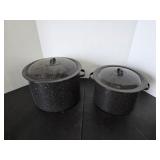 Two vintage black granite ware stock pots