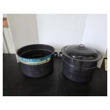 Two vintage black granite ware canners, one lid
