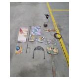 Box lot assorted lawn and garden decor, tools,