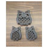 3 vintage cast owl trivets
