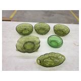 Six pieces vintage green glassware