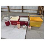Assortment vintage coolers and thermoses