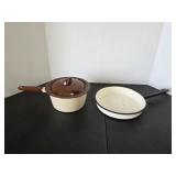 Vintage porcelain enameled saucepan and saute pan