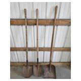 Three assorted spade and flat nose shovels