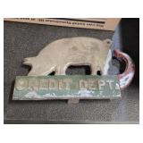 VINTAGE CAST ALUMINUM PIG CREDIT DEPT. SIGN