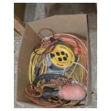 BOX LOT CORD REEL, EXTENSION CORDS, TROUBLE LIGHT