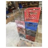 8 VINTAGE PLASTIC AND GALVANIZED MILK CRATES